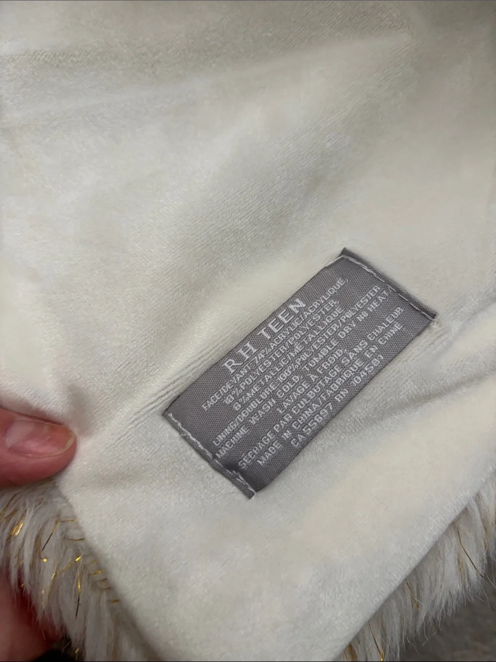 Restoration Hardware Teen Plush Faux Fur Throw in Cream with Gold Accent